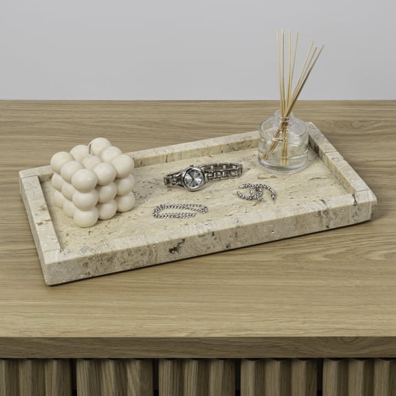 happimess Luxe Stone 12" x 6" Classic Minimalist Rectangular Marble Bathroom Countertop Tray, Travertine, TRY4001A
