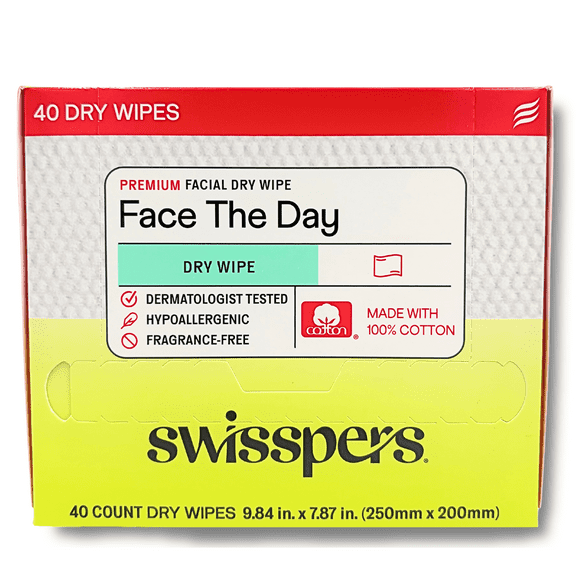 Swisspers Face the Day Dry Wipes, Disposable Facial Towels, Large 100% Cotton Makeup Remover Wipes, Dermatologist-Tested, Hypoallergenic, Soft & Strong, Fragrance-Free, Lint-Free, 40 Count