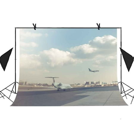 Image of HelloDecor 7x5ft Airport Photography Backdrop Building Blue Sky And White Clouds Airport Runway Airplane Take Off Background Party Studio Props Kiosk Background