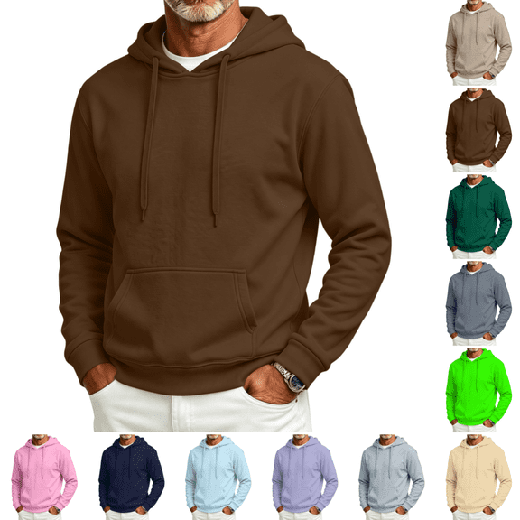 Men's Fleece Hooded Sweatshirt Casual Trendy Comfy Long Sleeves Sweatshirt Fall Winter Warm Drawstring Solid Color Pullover Coffee XL