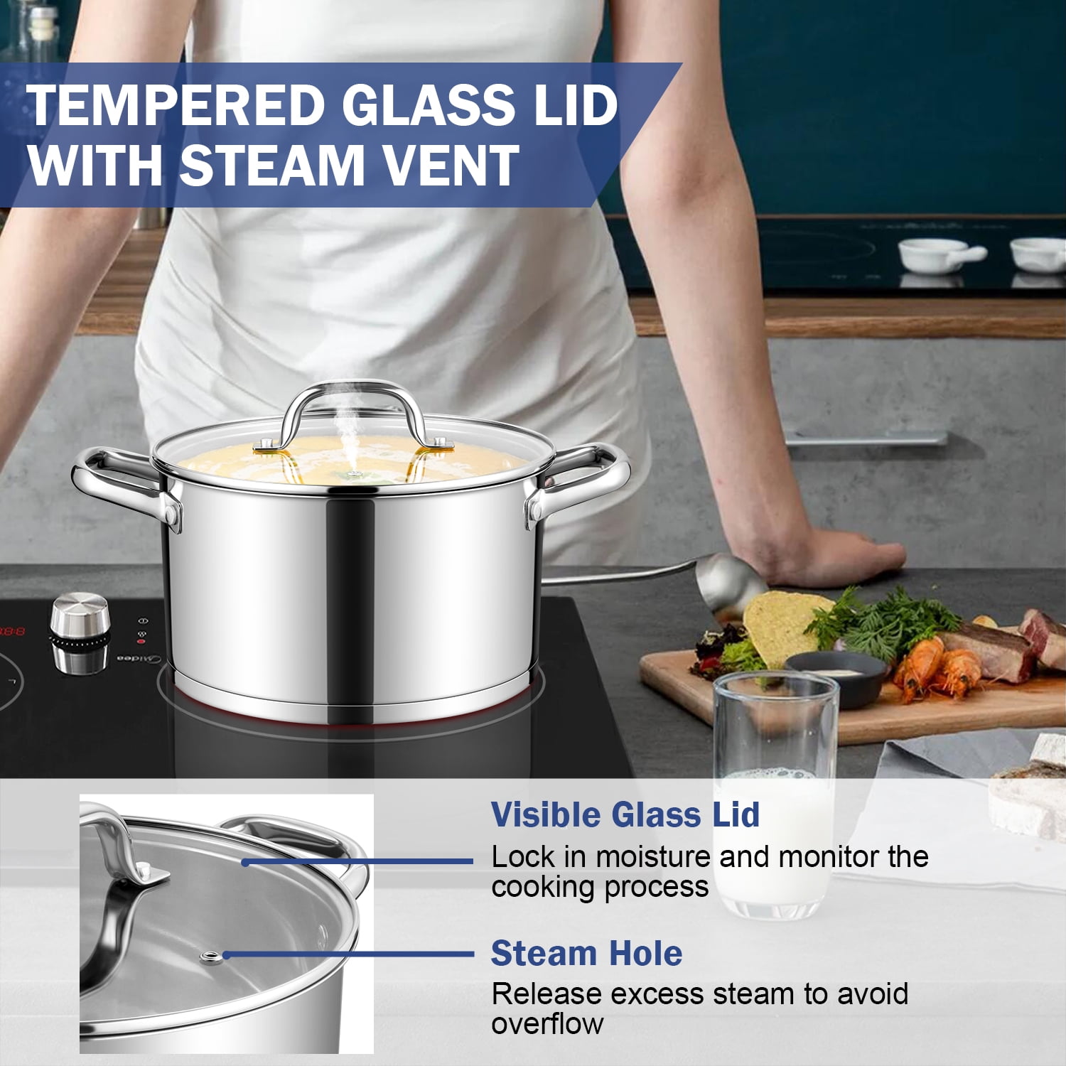 Vesteel 10 Pcs Stainless Steel Pots and Pans Sets, Kitchen Cookware Set of 6, Induction Cooking Pot & Saucepans with Lids, Nonstick Frying Pans & Saute Pan