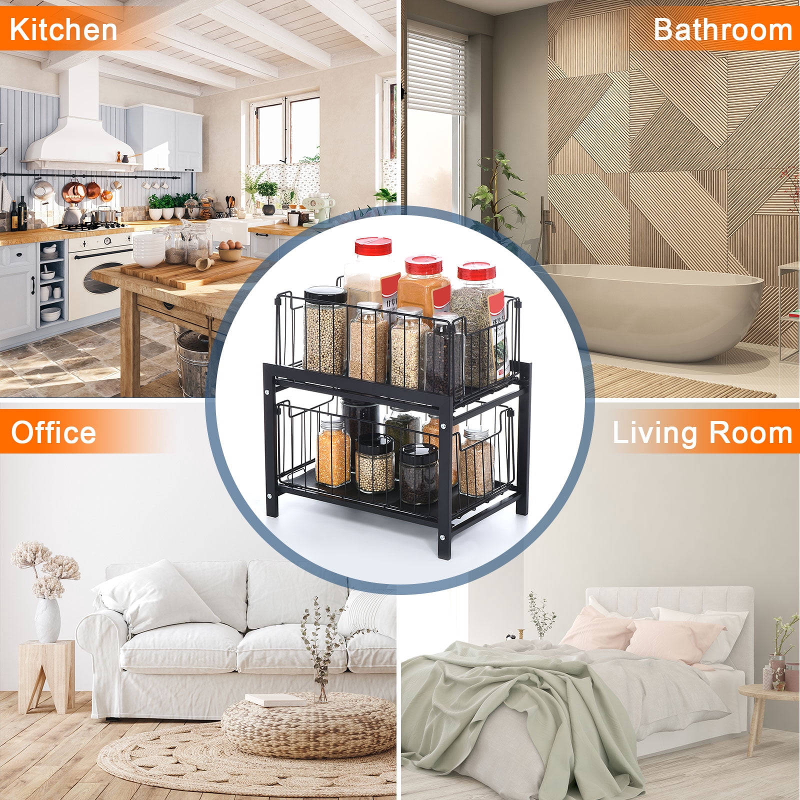 Unique Bargains 2-Tier Under Sink Rack Organizer w Slide-Out Drawer for Kitchen Bathroom