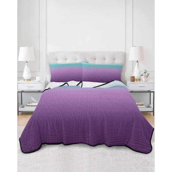 Quilts Queen Size, Teal Purple Ombre Soft Comforter Bedding Set for Bed, Modern Geometric Striped Abstract Art Lightweight Quilted Bedspread with Pillow Cover(2 Pieces) for All Season, 90x96 Inch