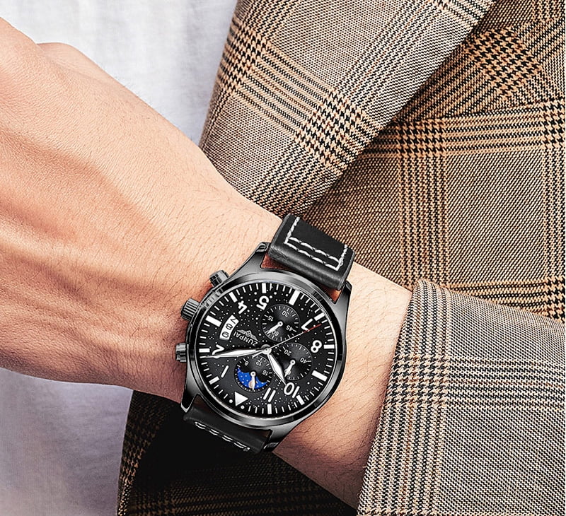 ZUNPAI Watches for men Chronograph Quartz Watch with Luminous Calendar Analog Dial Waterproof Leather Strap Sport Fashion Wristwatch