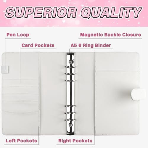 A5 Kpop Photocard Binder, 6 Ring Binder Album with 200 Card Slots, PU Leather Binder Cover with Magnetic Buckle Closure for Organizing Trading Cards - White