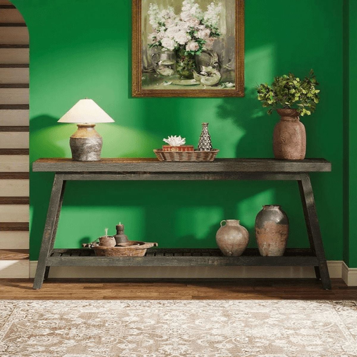 70.9" Farmhouse 2-Tier Console Table - Vintage Wood Grain, 1.97" Thick Engineered Wood, Sturdy Trapezoid Base for Entryway, Hallway, Behind Couch