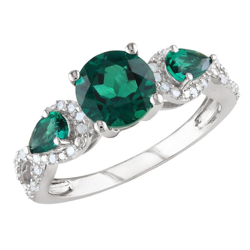 Lab Created Emerald Ring 2 1/6 Carat (ctw) with Diamonds in Sterling