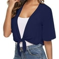 thumbnail image 4 of 2DXuixsh Womens Cardigan Sweaters Simple Women Tie Front Chiffon Short Sleeve Cropped Sheer Bolero Cardigan Crew Neck Classic Sweater Knit Cardigan Navy Size S, 4 of 6
