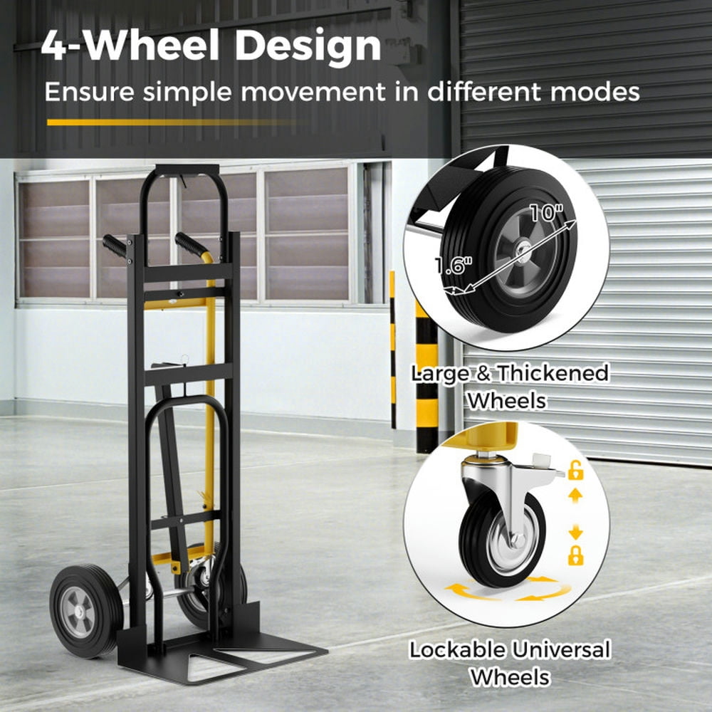 Resenkos 3-in-1 Convertible Hand Truck Metal Dolly Cart with 4 Rubber Wheels for Transport-Black