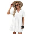 thumbnail image 2 of Women'S Short Sleeve V Neck Ruffle Hem Solid Swing Smock Dress Casual Loose Fit Mini Dress Summer Beach Wear White XXL, 2 of 9