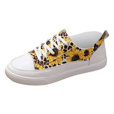 OJSFQUFP Women s Flats 2024 Spring and Autumn Single Shoes Printed Breathable Shoes Low Cut Lace Up Casual Large Women s Shoes Flat Bottom Student Shoes Womens Loafers Comfortable Dressy Yellow 41