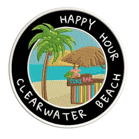 Happy Hour! Clearwater, Florida 3.5 Inch Iron Or Sew On Embroidered Fabric Badge Patch Ocean Beach, Salt Life Iconic Series