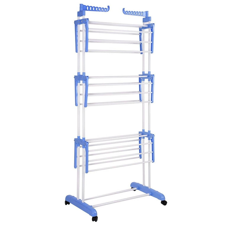Clothes Drying Rack, Large 3-Tier Foldable Clothing Rail, Stainless Steel Laundry Garment Dryer Stand for Towels, Clothes, Shoes by JORUGUNA, Blue