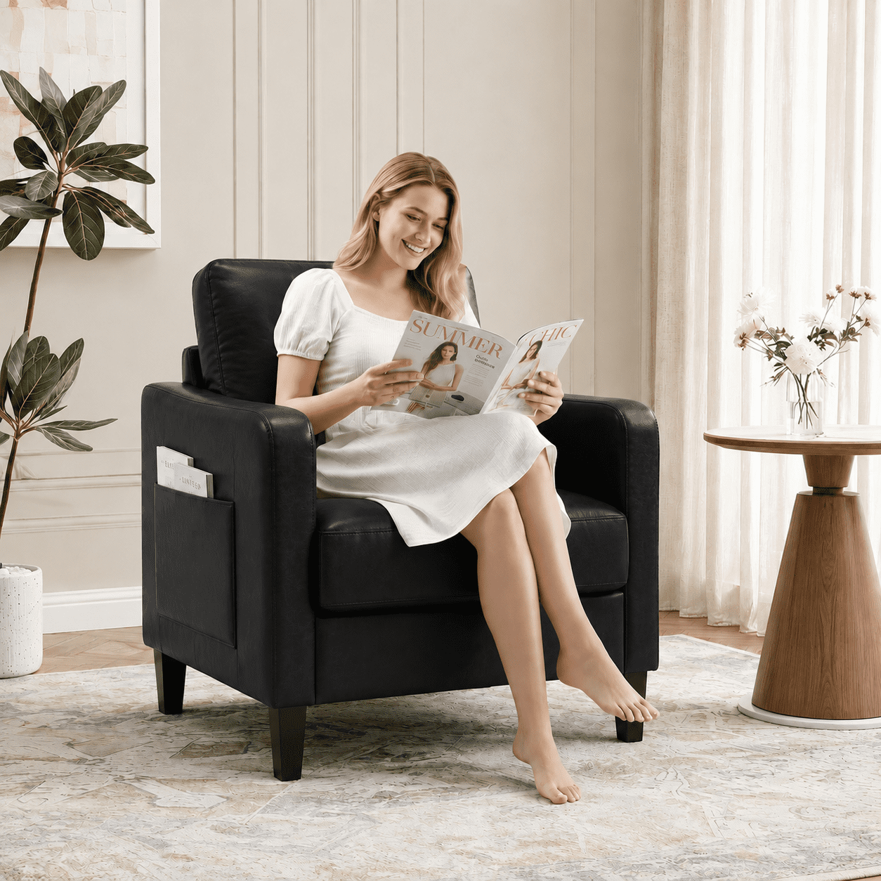 MOONMISS Modern Accent Chair Set of 2,PU Leather Single Sofa with Wood Legs,Reading Armchair for Living Room,Bedroom,Office,Black