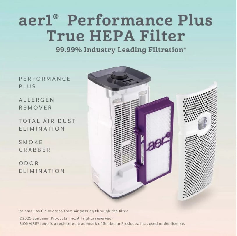 Bionaire 2pk AER1 Allergen Air Purifier Filters Purple: True HEPA, EPA Certified, Captures Odors & Smoke, Fits Bionaire & Holmes