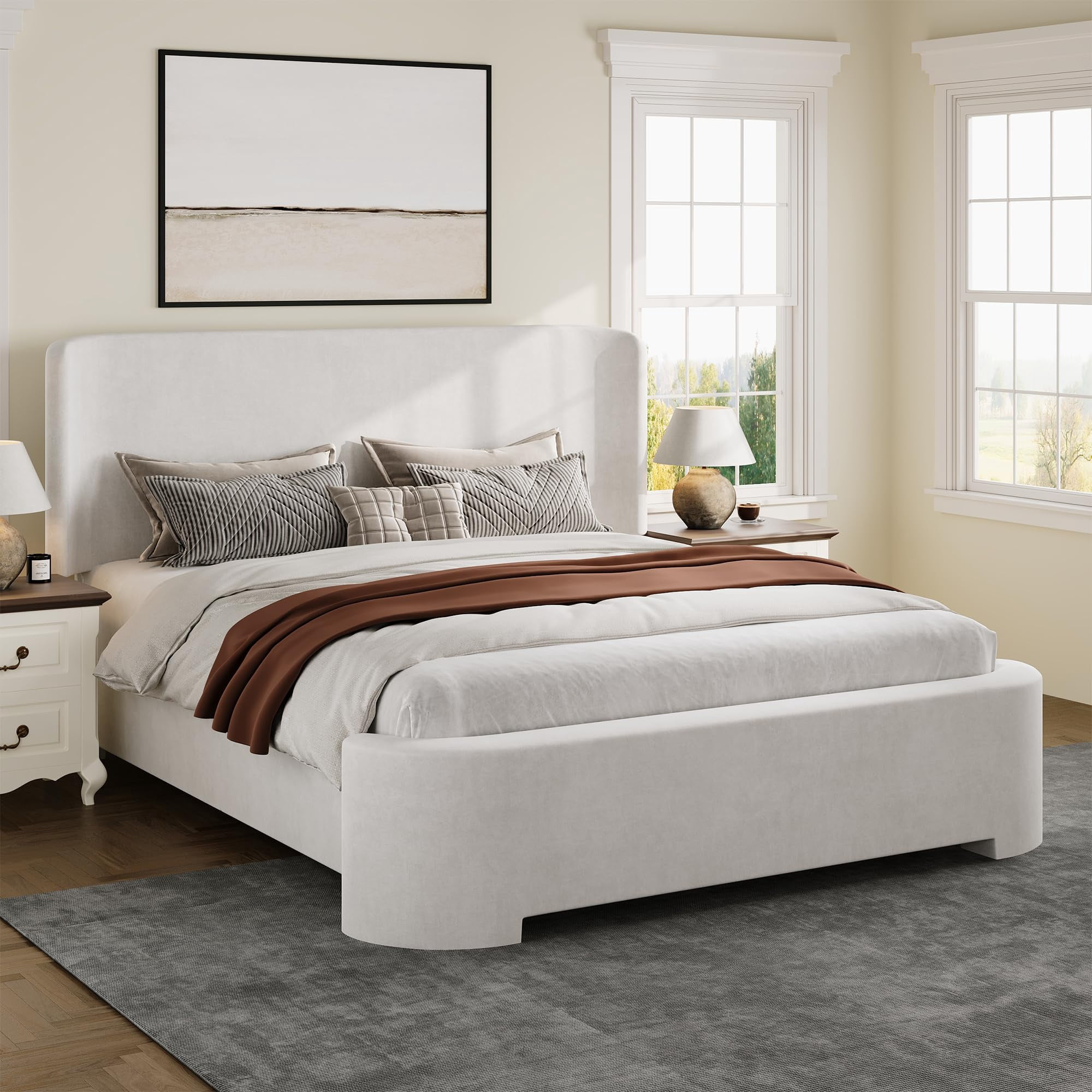 4 Ever Winner Queen Size White Velvet Bed Frame, Elegant Curved Upholstered Bed Frame with Rounded Safety Corners, Stable Noise-Free Platform Bed Frame, Easy Assembly, White Bedroom Bed