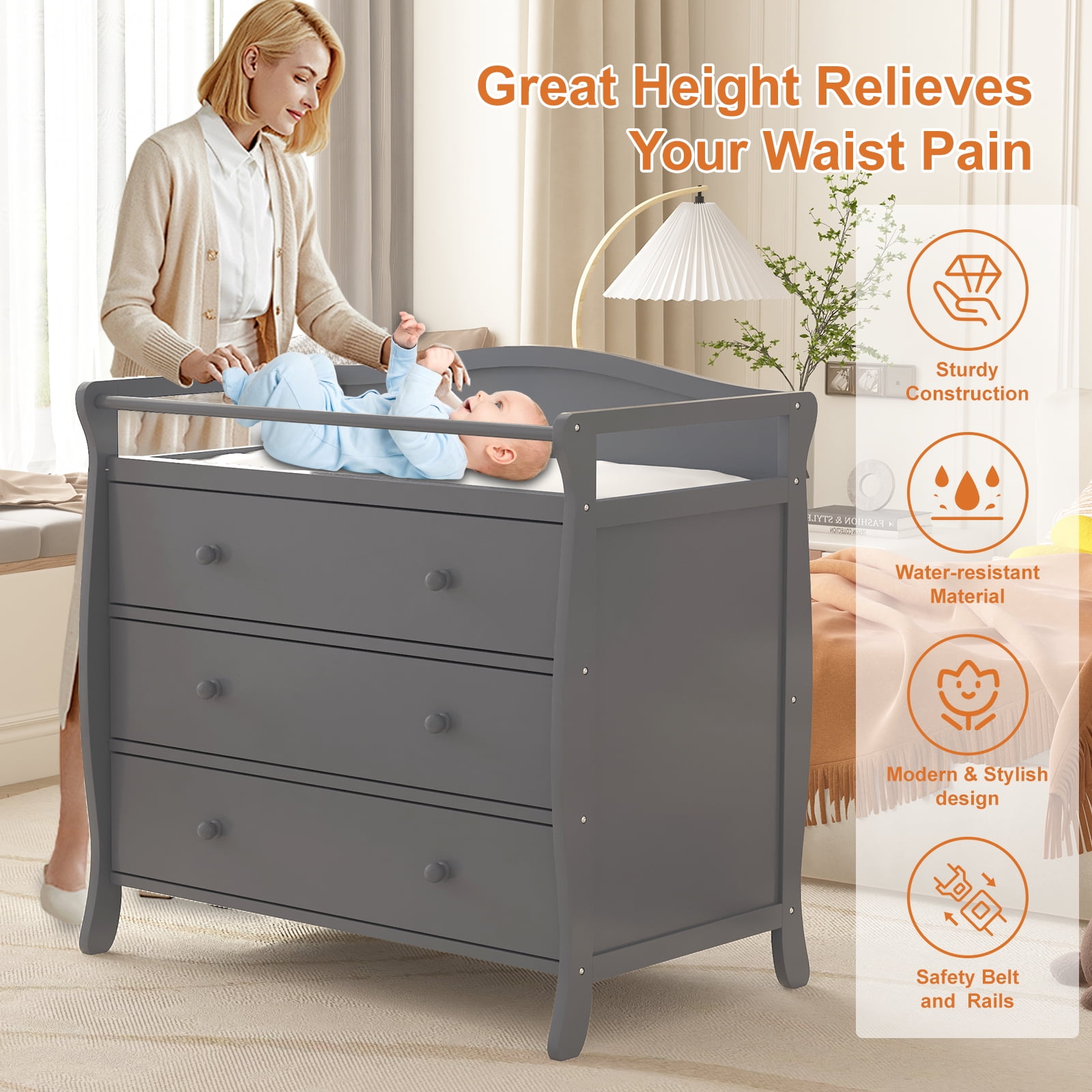 Roromall 3-Drawer Changing Table, Wooden Diaper Changing Table, Infant Diaper Changing Station Dresser with 3 Drawers, Safety Rail & Strap for Bedroom, Nursery
