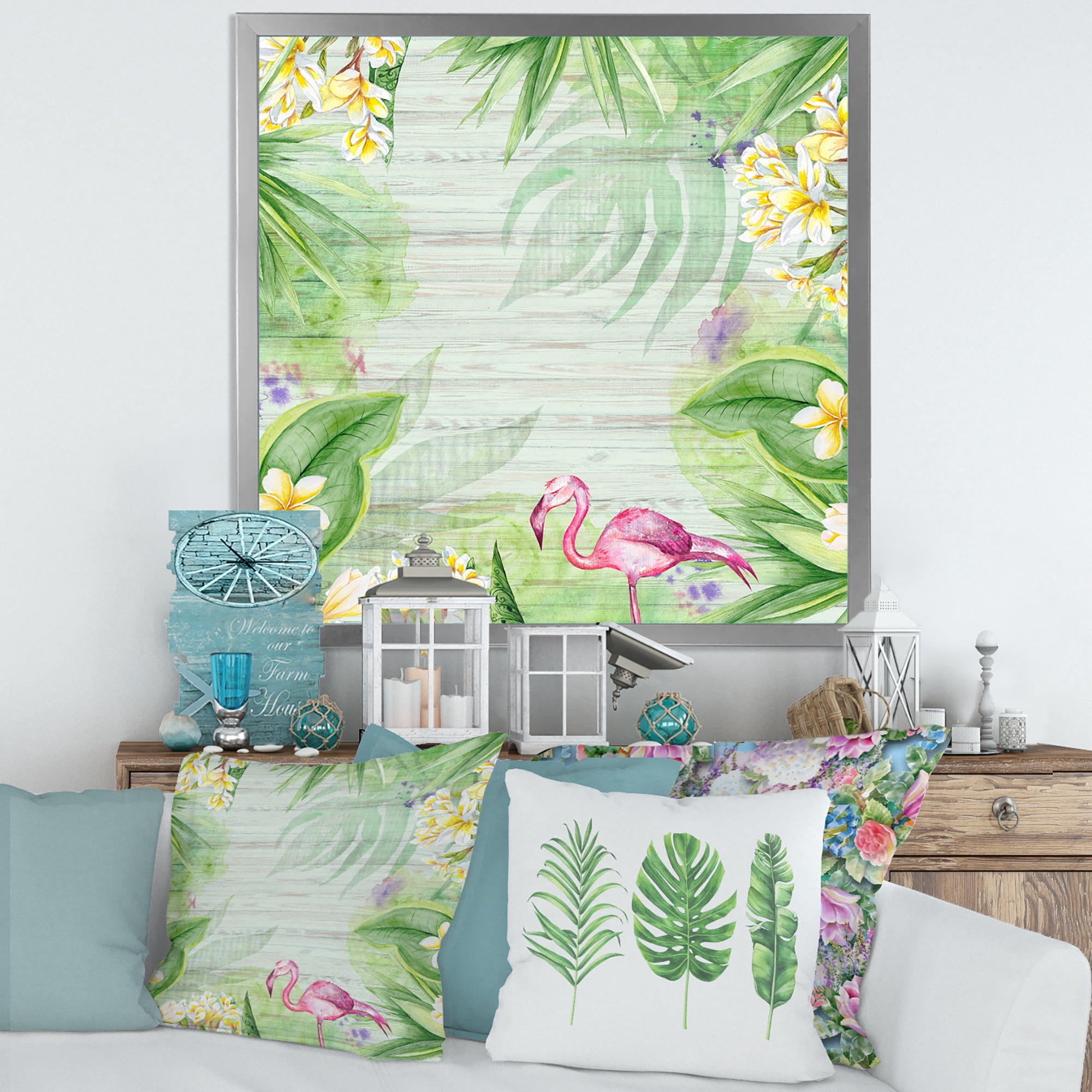 Designart 'Yellow Flowers, Tropical Foliage With Flamingo I' Modern Framed Art Print