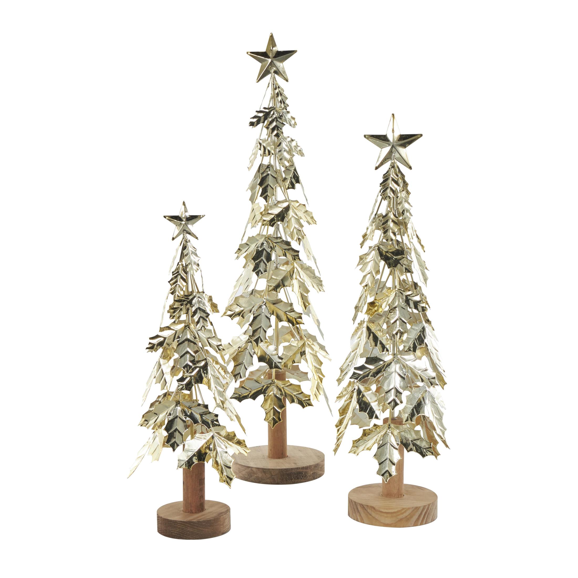 22", 18", 14"H Gold Metal Holiday Holly Leaf Tree Christmas Sculpture with Wooden Base and Star Topper, by DecMode (3 Count)