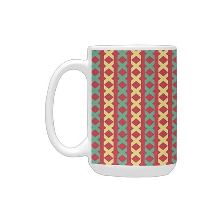 

Retro Chain Cross Sign Motifs Stripes on Red Background Vertical Tile Pattern Red Seafoam Light Yell Ceramic Mug (15 OZ) (Made In USA)