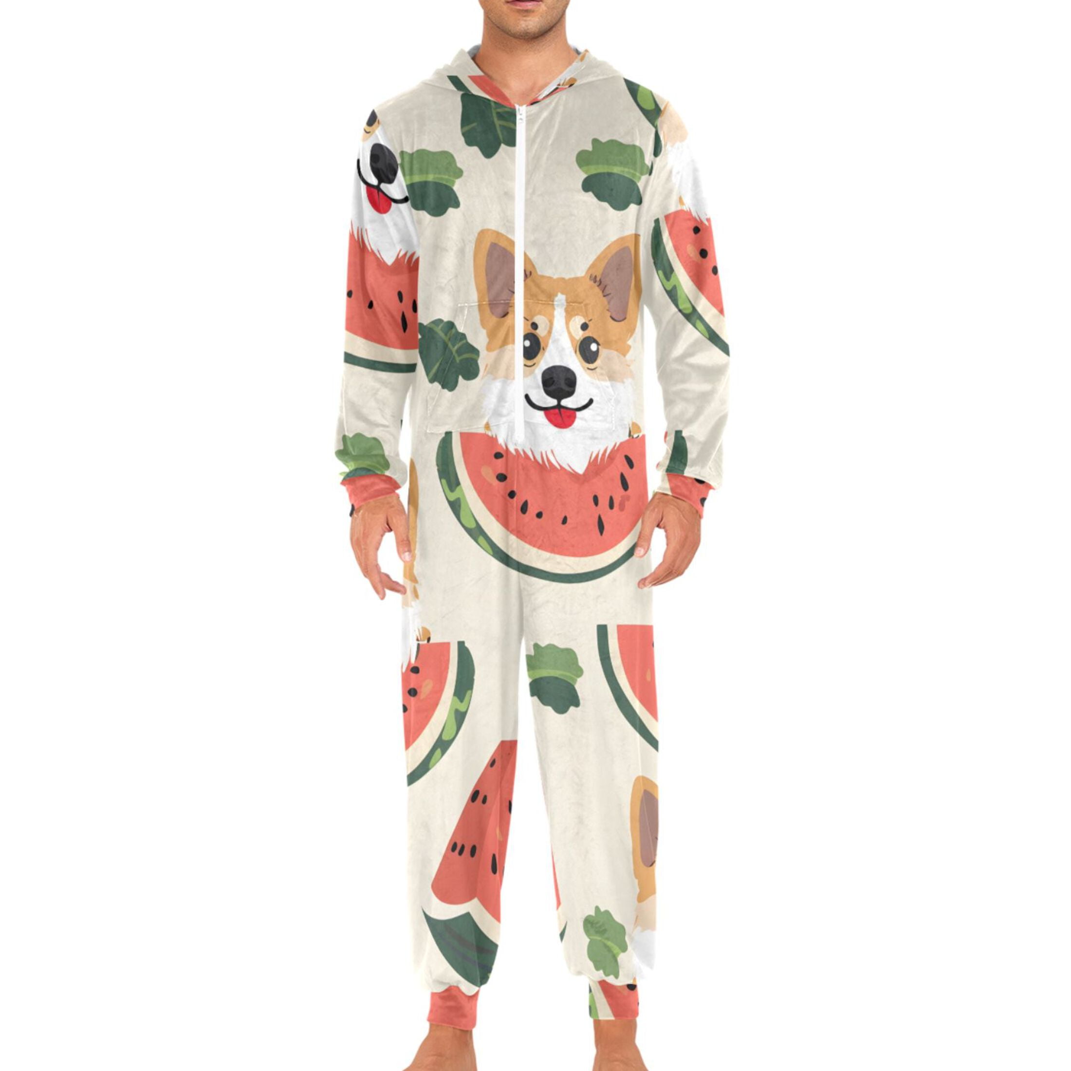 Dogs Eating Melons Leaves Adult's Hoodie Onesie Jumpsuit One-Piece Pajamas with Zipper Unisex for Holiday M