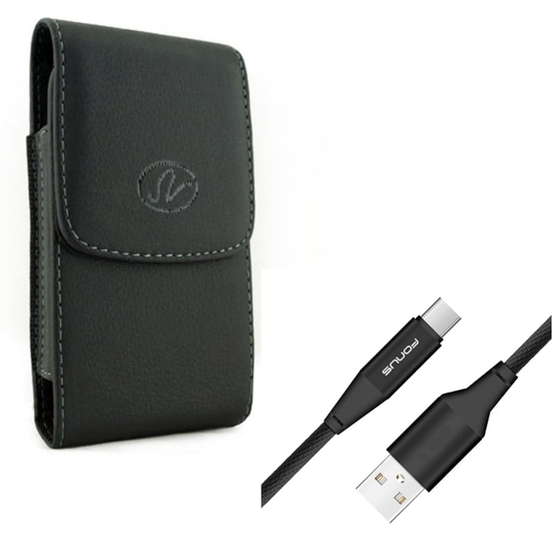 Black Leather Side Case Cover Pouch Holder w Durable Cotton Braided 6ft Long Type-C USB Cable Sync Wire V7W for ZTE ZMax Champ, Blade X Spark Max 2S, Warp 7, Avid 916, Axon 9 Pro