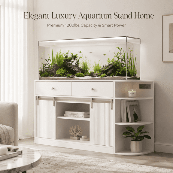 White 55-75 Gallon Aquarium Stand with Power Outlets & Storage Cabinet