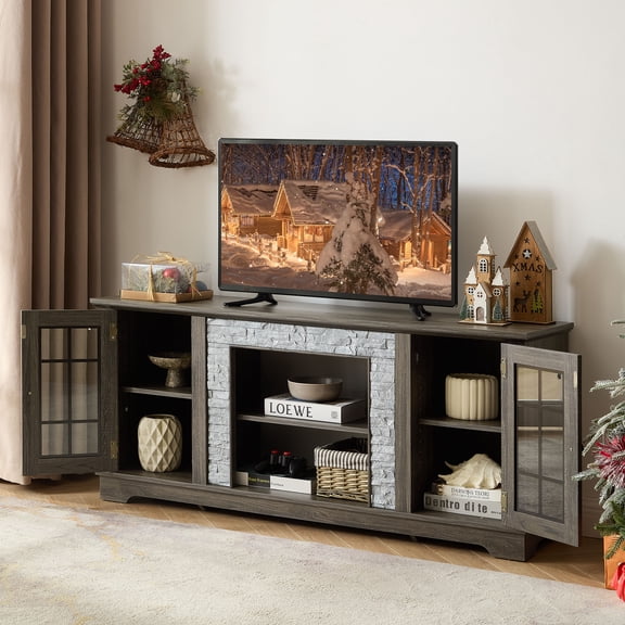 CQSXDA Large 58 Inch TV Stand with 2-Door Storage, Sleek Faux Stone Entertainment Center in Grey for Modern Living Rooms