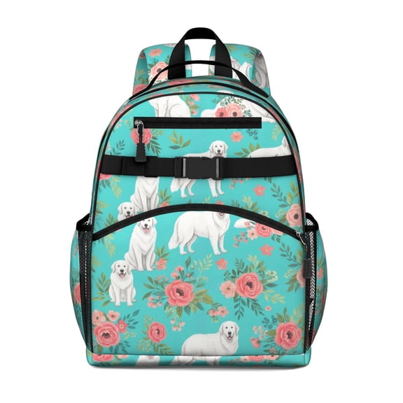 Great Pyrenees and Rose Blue Pattern Backpack for School, Cute School Bag with Adjustable Shoulder Straps and Padded Back, 15.25"x11.5"x5.25"