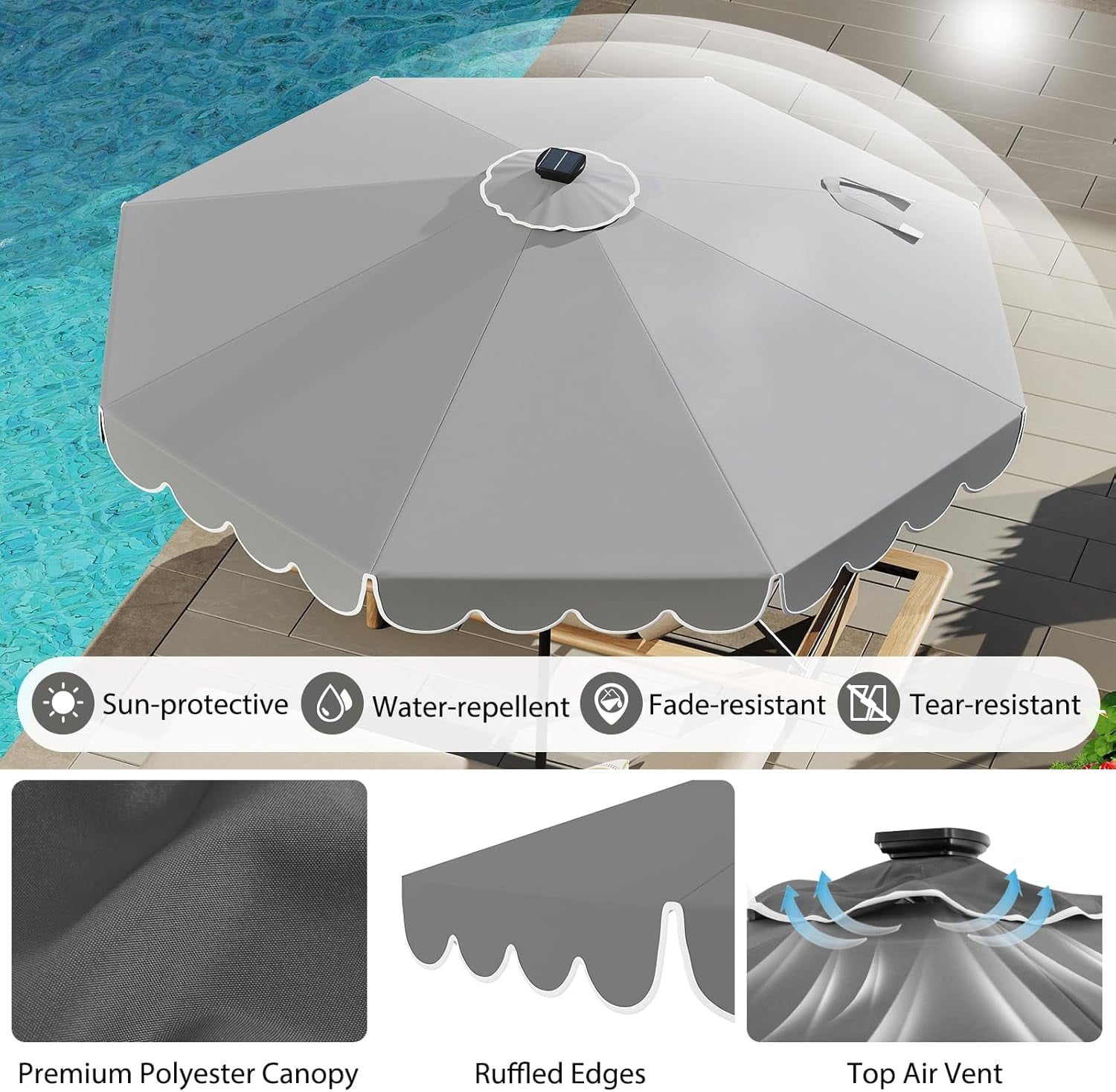 ZYPPP 10FT Solar LED Patio Umbrella, 2-Tiers Scalloped Outdoor Table Market Umbrella with 24 LED Lights, Vented Top, Tilt Adjustment, Crank, 8 Ribs for Backyard Poolside Deck Beach Lawn (Gray)