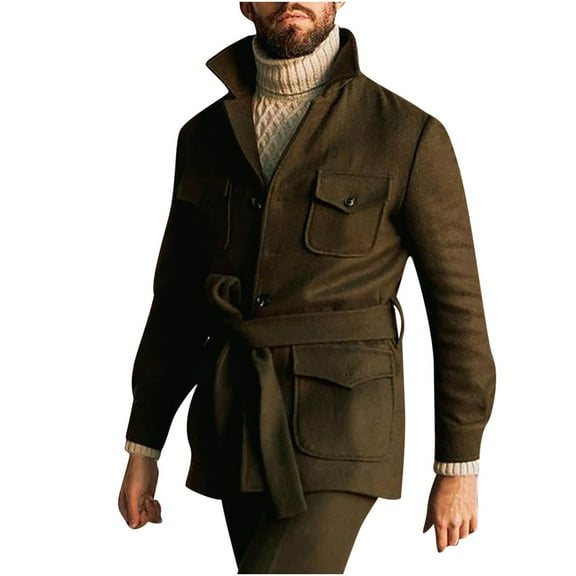 Odeerbi Clearance Trench Coats for Men Solid Casual Single Breasted Pockets Windbreaker Button Overcoat Jacket Outerwear Coat Army Green