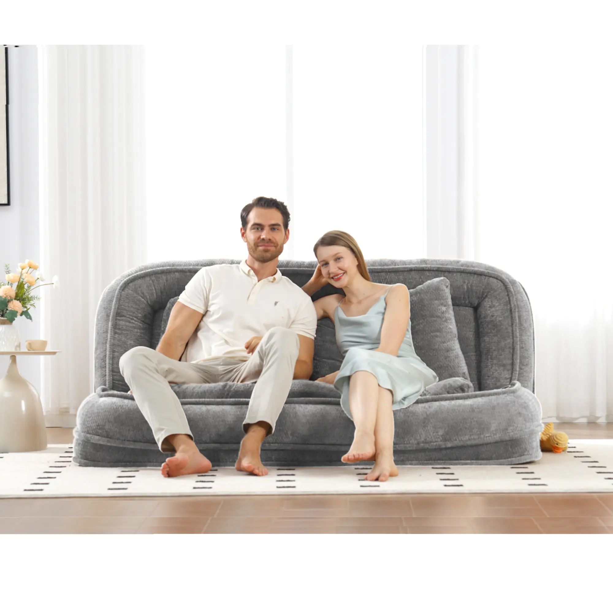 Aukfa Double Human Dog Bed Lazy Sofa Loveseat with Adjustable Backrest, Extra Large 2-Seat Floor Couch with Plump PillowLight Gray