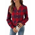 thumbnail image 3 of Women'S V Neck Plaid Shirts Dressy Casual Button-Down Business Work Boho Tops Long Sleeve Fall Outfits Red XXL, 3 of 10