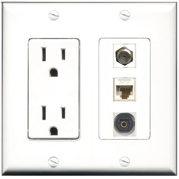 RiteAV - 15 Amp Power Outlet 1 Port Coax 1 Port Toslink 1 Port Cat6 Ethernet Ethernet White Decorative Wall Plate