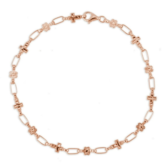 Kristen Kesho Flower & Cross Link Sterling Silver 14K Rose Gold-Plated Diamond Cut Chain Bracelet, Adjustable 7-7.5"