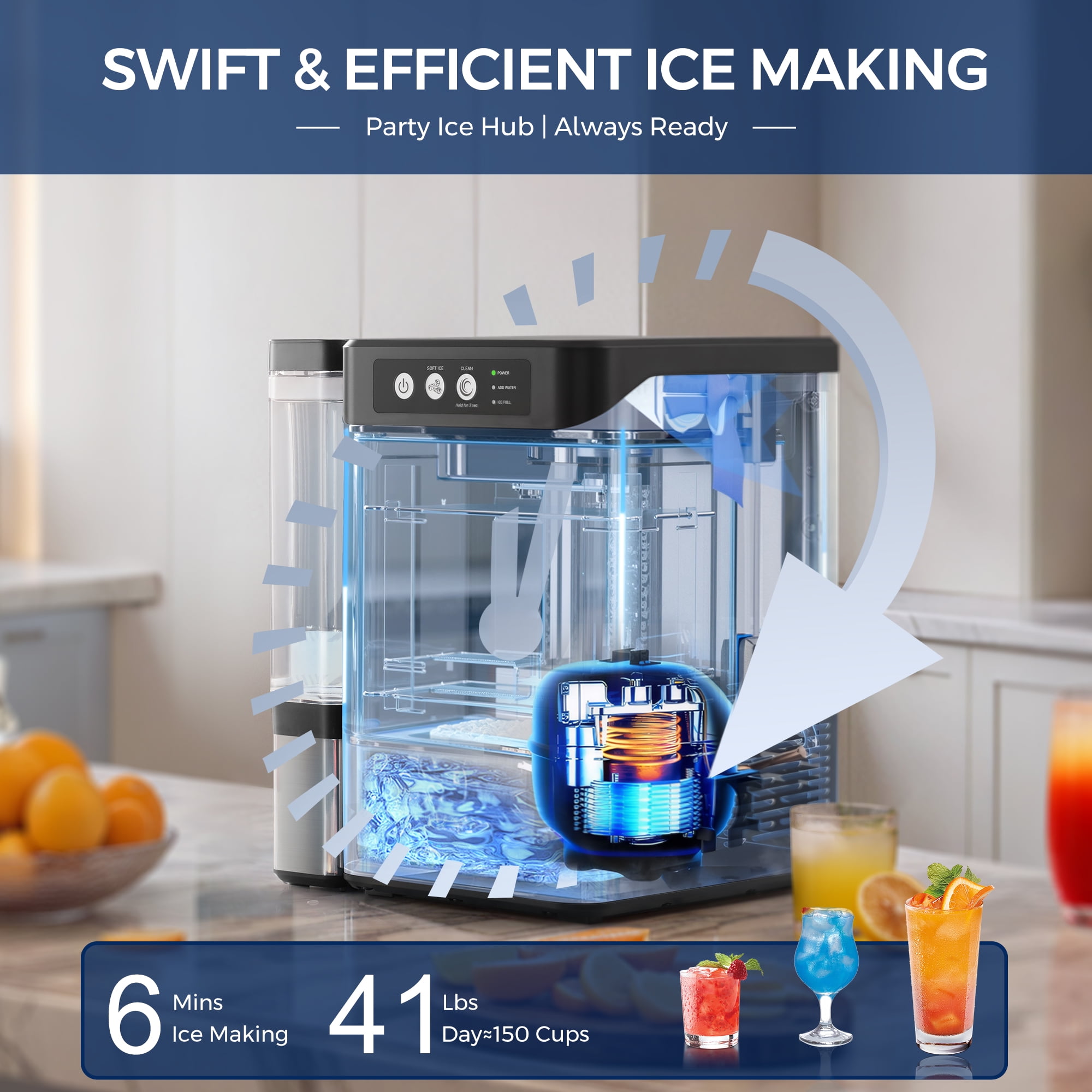 Nugget Ice Maker Countertop with 0.8Gal Removable Tank, 41Lbs/24H, One-Touch Fast Ice in 6 Mins, Self-Cleaning & Ultra Quiet for Home/Office/Party