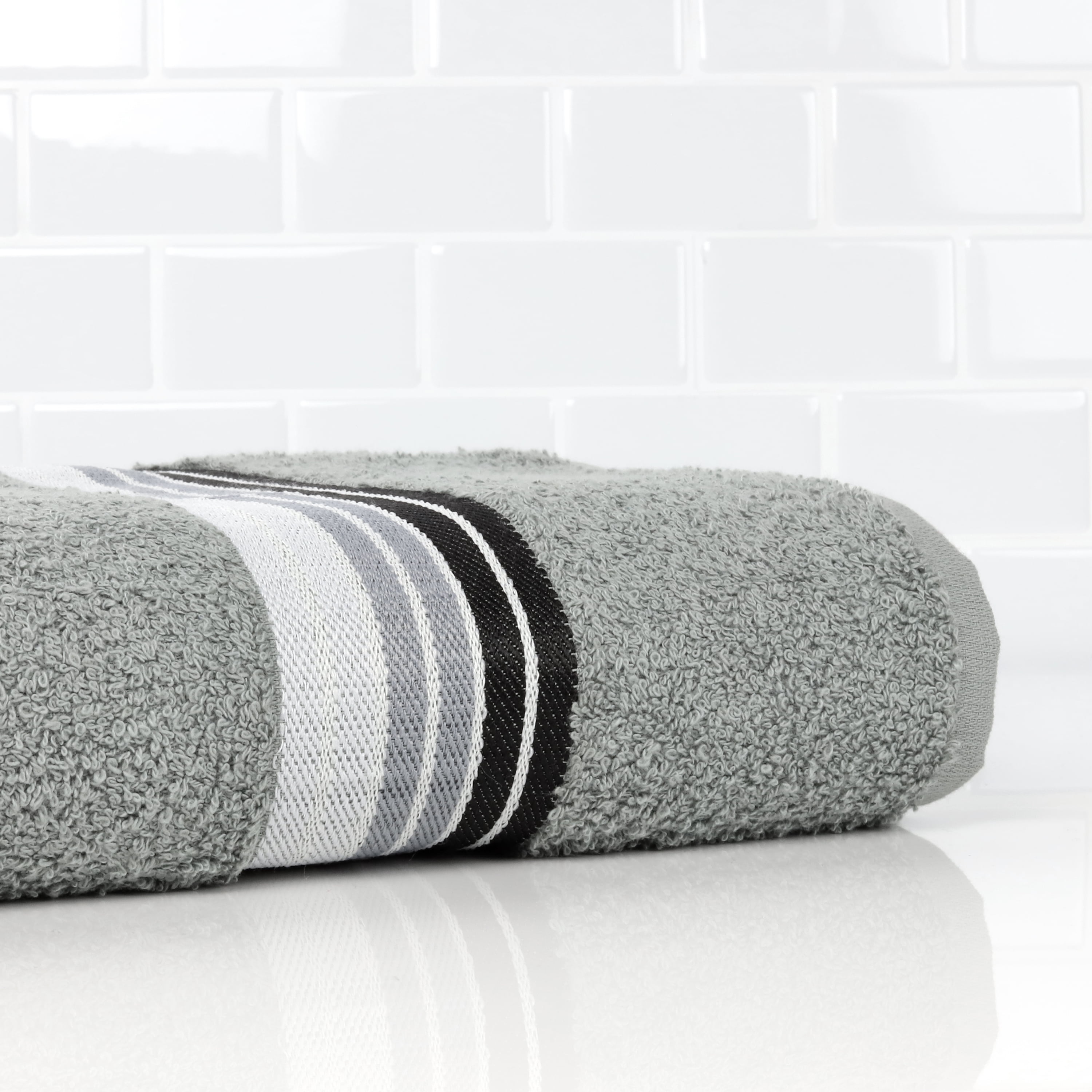 (2 pack) Mainstays 100% Cotton Bath Towel, Super Soft and highly absorbent Basic Striped Premium Bath Towel for Bathroom, Hotels, Spa and Gym – Grey