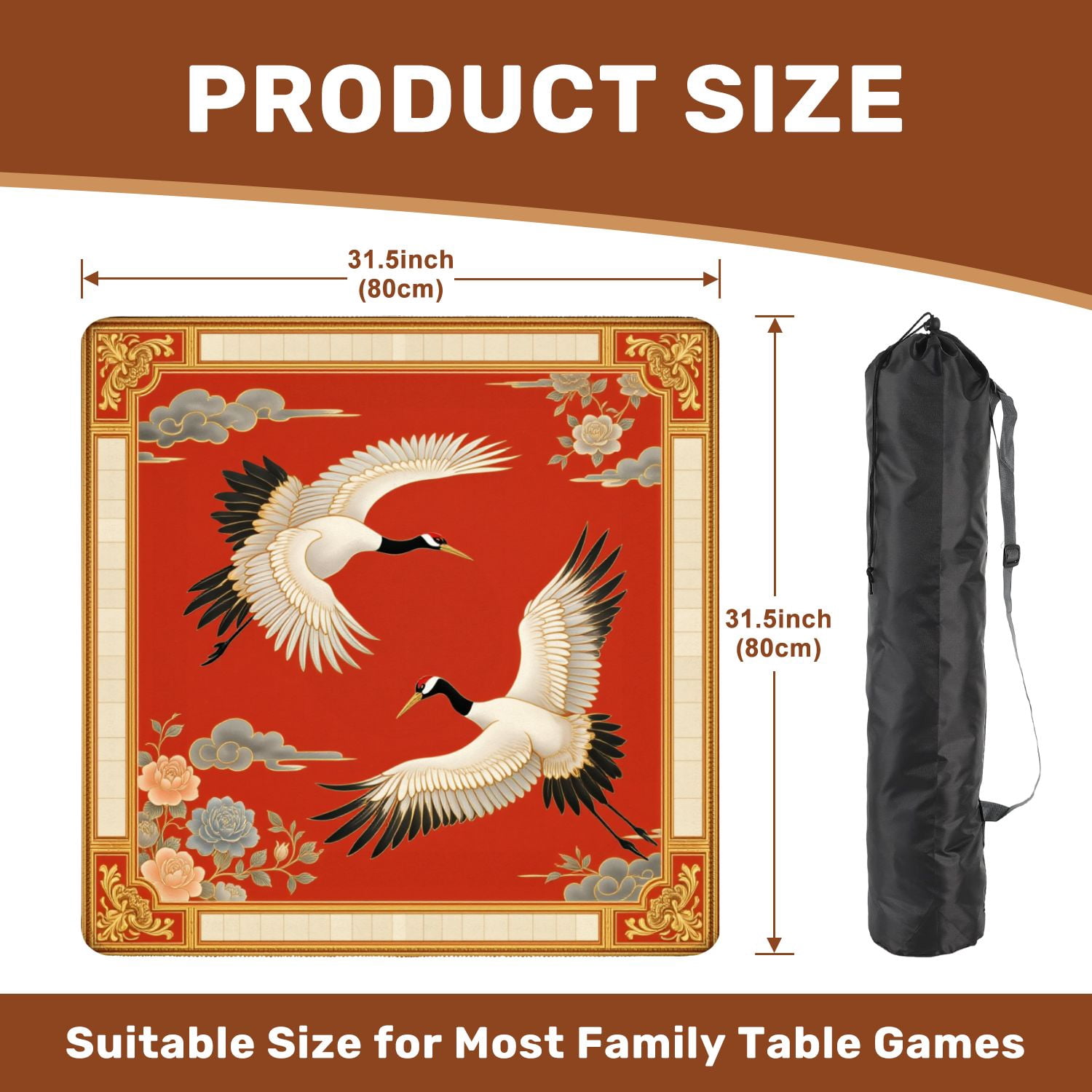 Mahjong Mat 31.5" x 31.5" Elegant Cranes Traditional Chinese Style Floral Accents Red Non-Slip Noise Reduction American Mahjong Tiles Table Cover for Dominoes Poker Card Board Games Gift