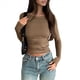 thumbnail image 3 of Blusas de Cuello para Mujer, Camisas de Larga con Pliegues en la Cintura, Camisetas Casuales Ajustadas, Ropa Básica de Otoño de Colores Sólidos Marrón S, 3 of 10
