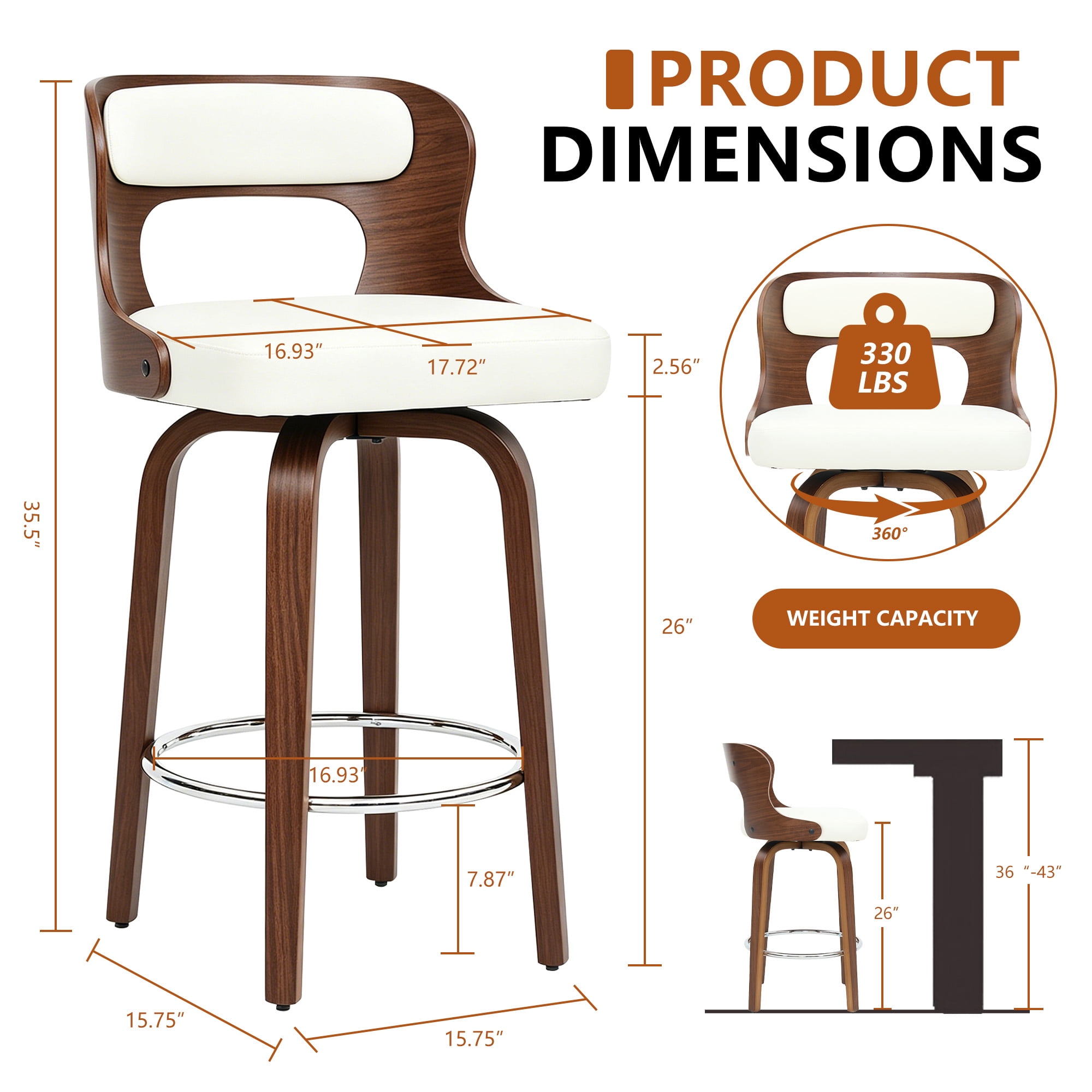 ClinQ 26 inch Swivel Bar Stools Set of 3, Counter Height Bar Chairs with Walnut Legs and Silver Ring Footrest, Upholstered Faux Leather, White