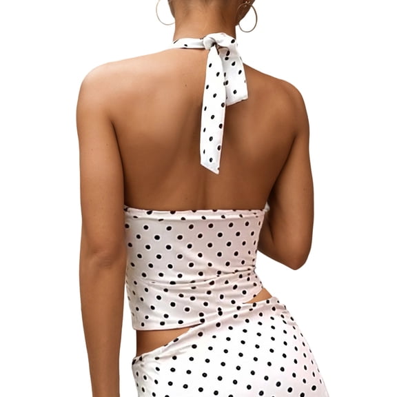 DHFJKG Women's Sexy Camisole Backless Self Tie Halter Polka Dot Crop Top Night Out Date Sleeveless Deep V Neck Summer Cami Shirt Cozy Tops