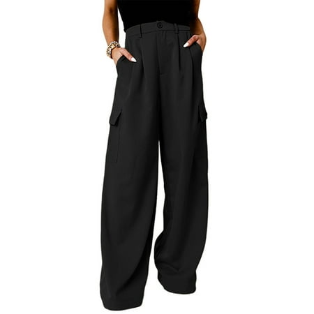 Fashnice Ladies Trousers Solid Color Cargo Pant Wide Leg Pants Comfy  Holiday Bottoms Black S 