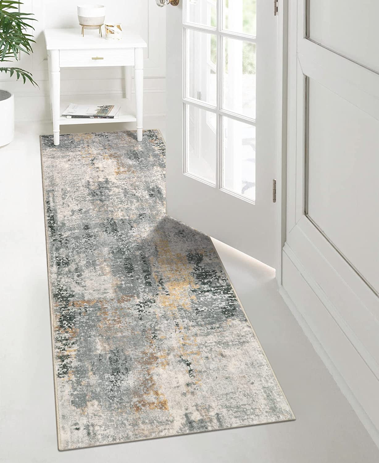Moynesa 2'x6' Modern Abstract Gray Bathroom Runner Rug,Washable Long Hallway Rug Runner, Soft Non Slip Blue Floor Accent Carpet Runner for Entryway Kitchen Laundry Room Doorway Bedroom