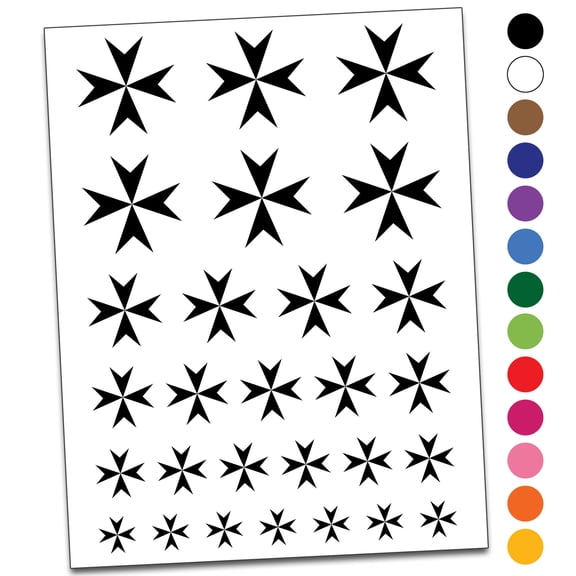 Maltese Eight Pointed Cross Water Resistant Temporary Tattoo Set Fake Body Art Collection - Black