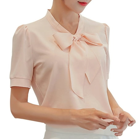 XZNGL Women Summer Work Office Short Sleeve Bow Tie Solid XZNGL Women Summer Work Office Short Sleeve Bow Tie Solid