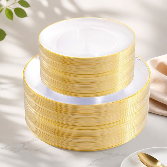 100PCS Clear and Gold Disposable Plastic Plates - Heavy Duty Wedding Party Plates Set, Includes 50 Dinner Plates & 50 Dessert Plates