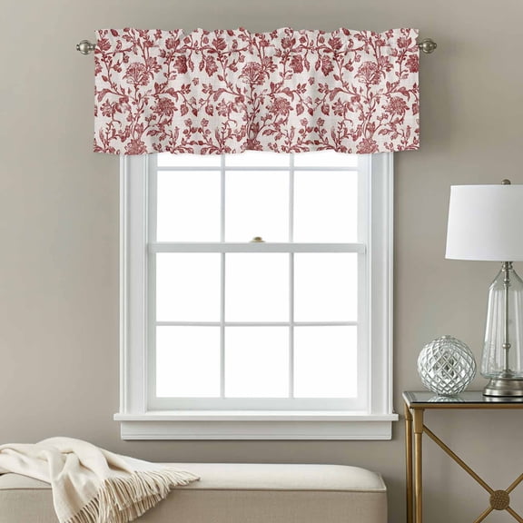Pastoral Flowers Window Valance for Kitchen, Retro Red Flower Farmhouse Linen Texture Rod Pocket Short Curtain for Small Windows, Light Filtering Decorative Valance, 54 x 18 Inch, 1 Panel