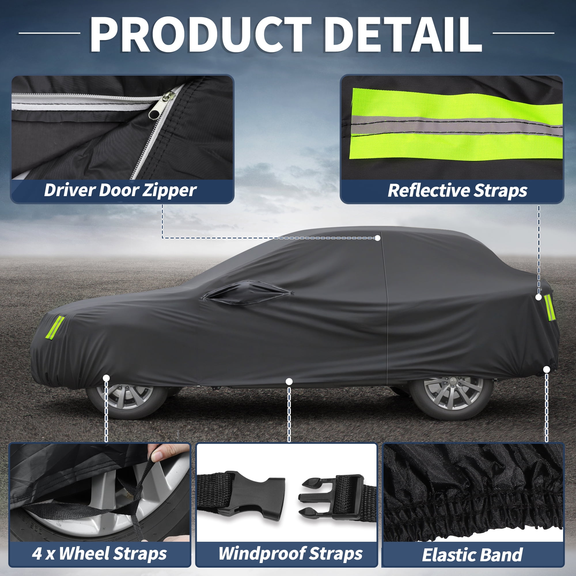 Unique Bargains 1Pc Car Cover 210D-PU Universal Black 185.04"×57.09"×47.24"