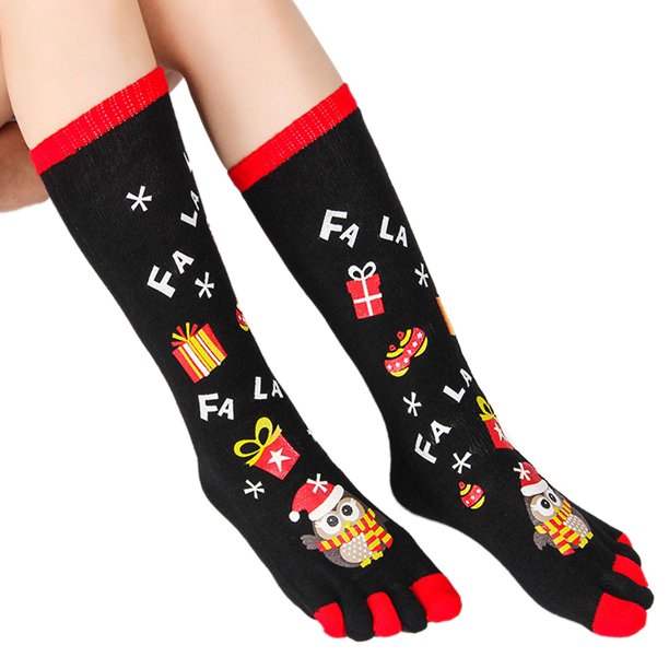 Calcetines con estampado de copos de nieve y muñeco de nieve de dibujos animados para mujer, calcetines con cinco dedos, calcetines informales de algodón suave, regalo de Navidad