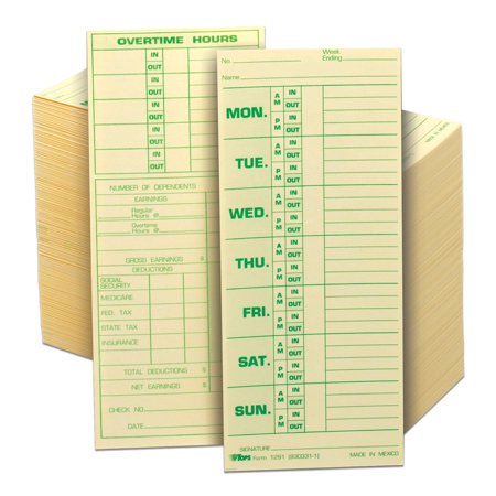 - TOPS Weekly Time Card - Numbered Days 3-1/2 inch x 8-1/2 inch 500ct TOP 1291